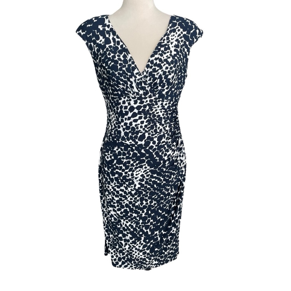 Lauren Ralph Lauren Sheath Ruched Side Dress Women 6 V-Neck Navy White‎ Workwear